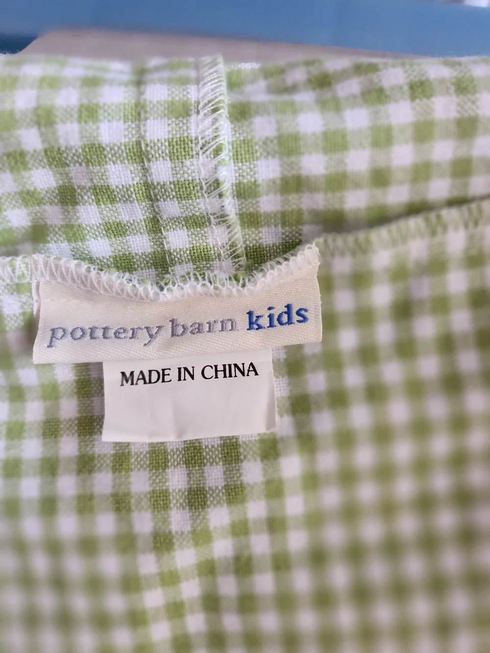 Pottery Barn Kids Light Green and White Gingham Cotton Basket liner